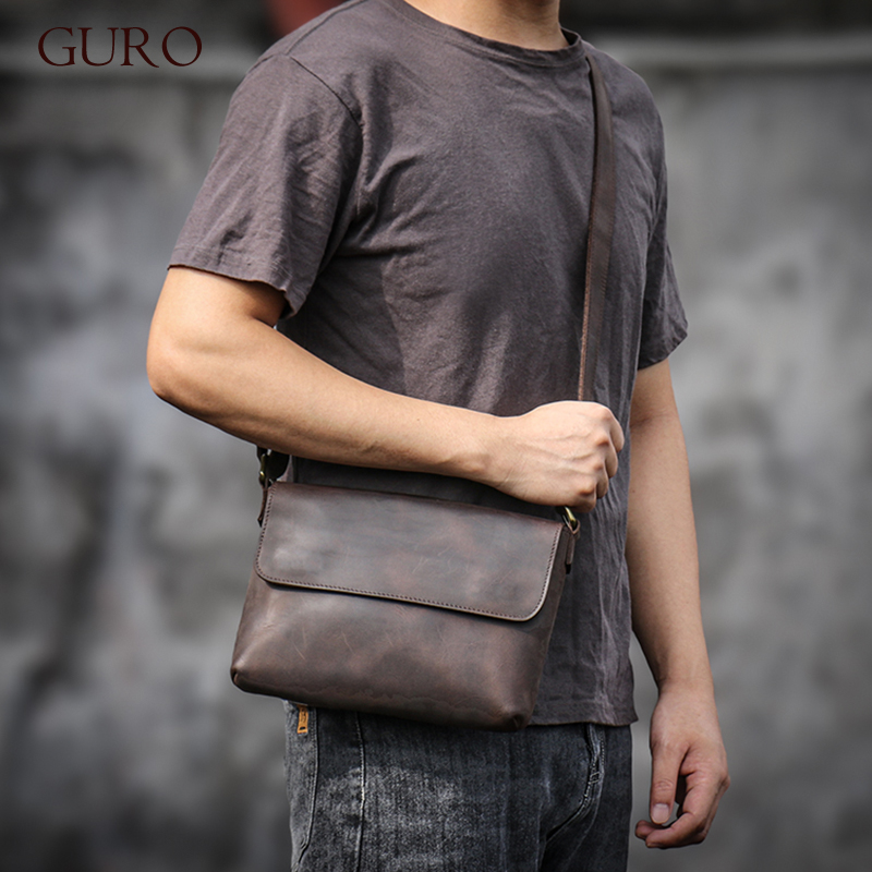 Tablet Shoulder Bag - Guro กระเป๋าสะพายหนังแท้วินเทจสำหรับผู้ชาย, กระเป๋าสะพายข้างกระเป๋าสะพายข้างหนังวัวบ้าคุณภาพสูงสำหรับไอแพด8 ″
